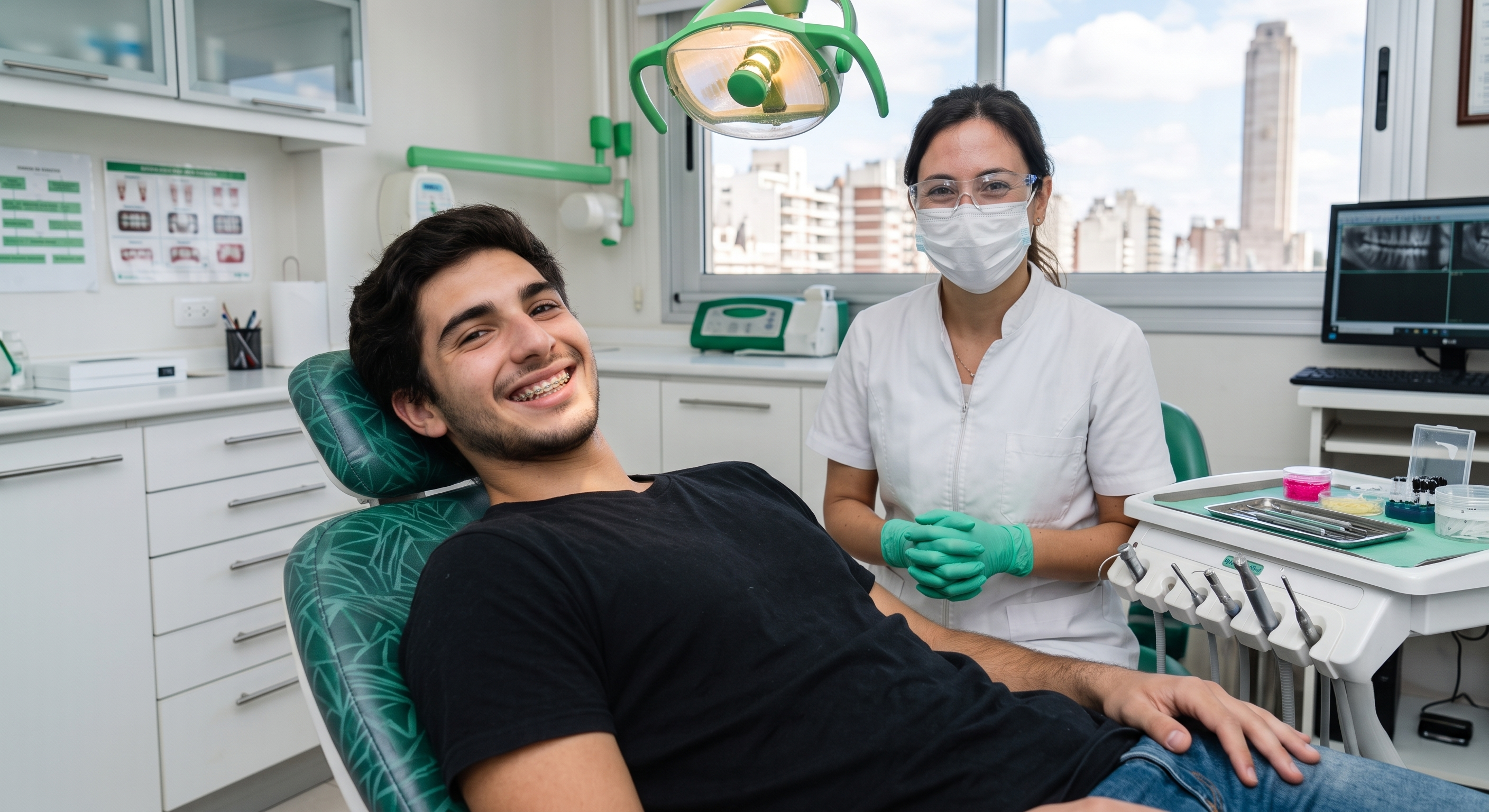 Joven sonriendo feliz con aparato de ortodoncia