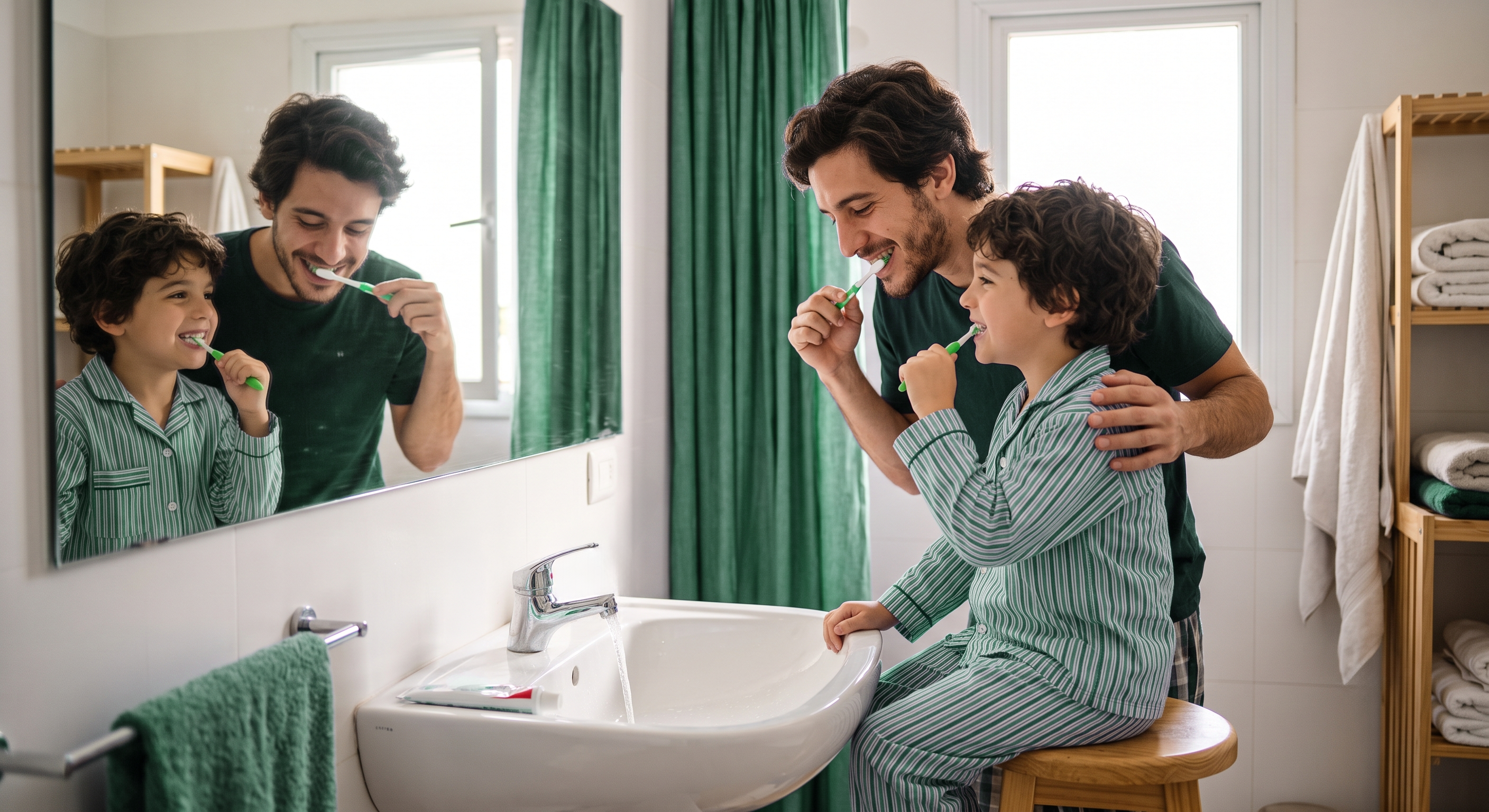 Padre e hijo cepillándose los dientes juntos