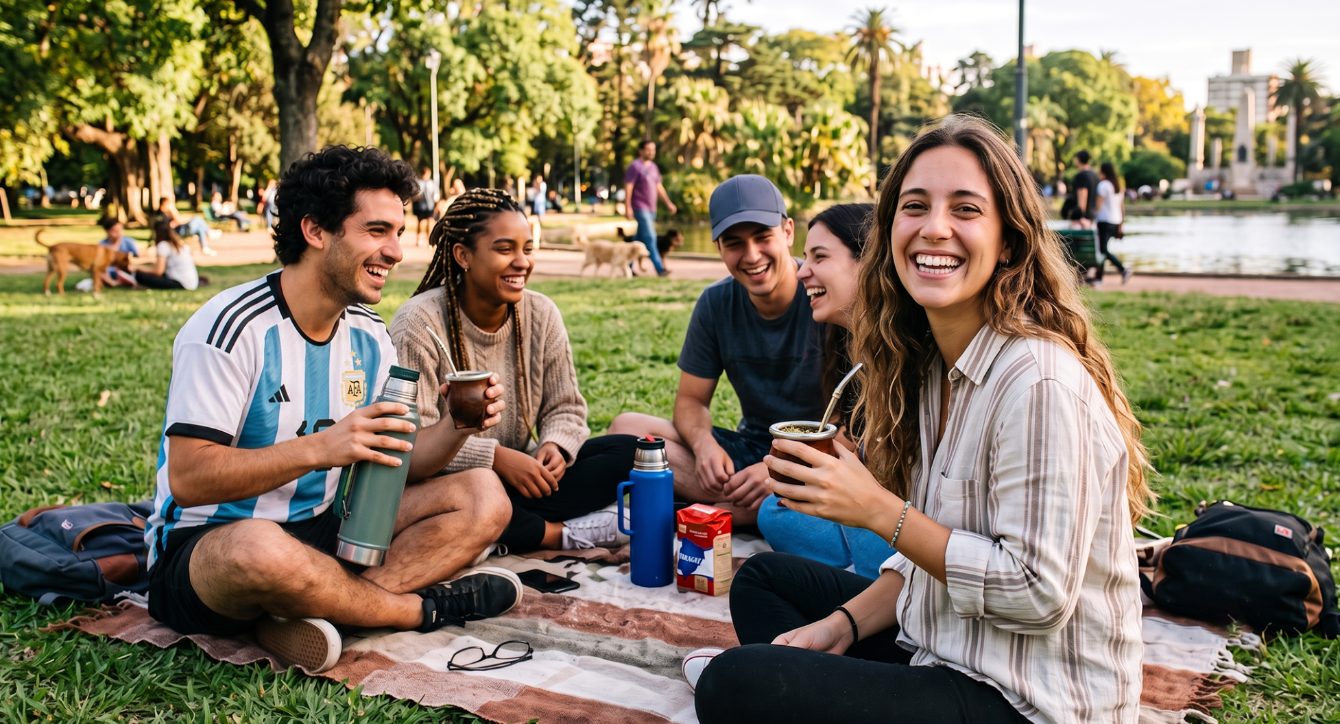 Estudiante disfrutando un mate y sonriendo